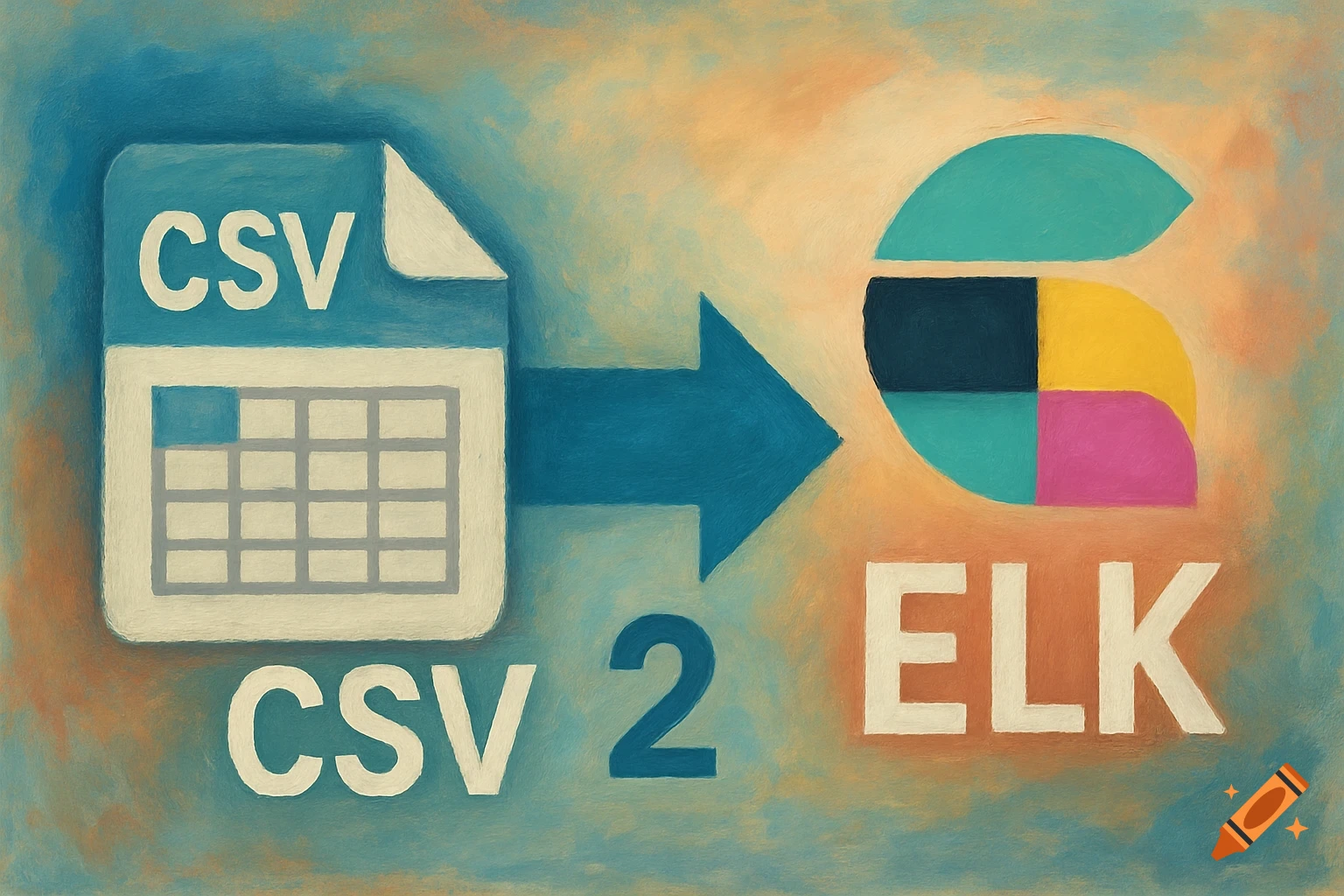 Illustration of a CSV file icon pointing to an ELK logo with the text 'CSV 2 ELK', in a painterly style.