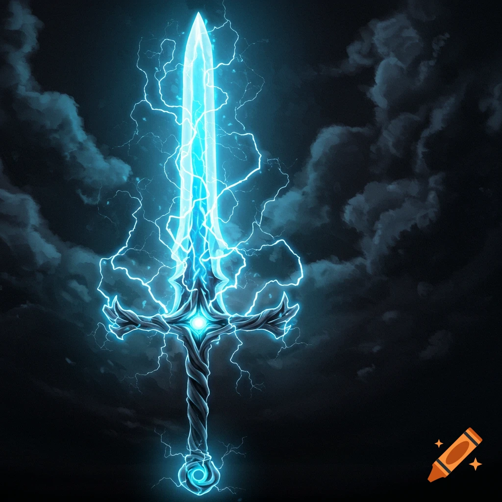 A glowing blue sword crackles with lightning against a dark, cloudy background.