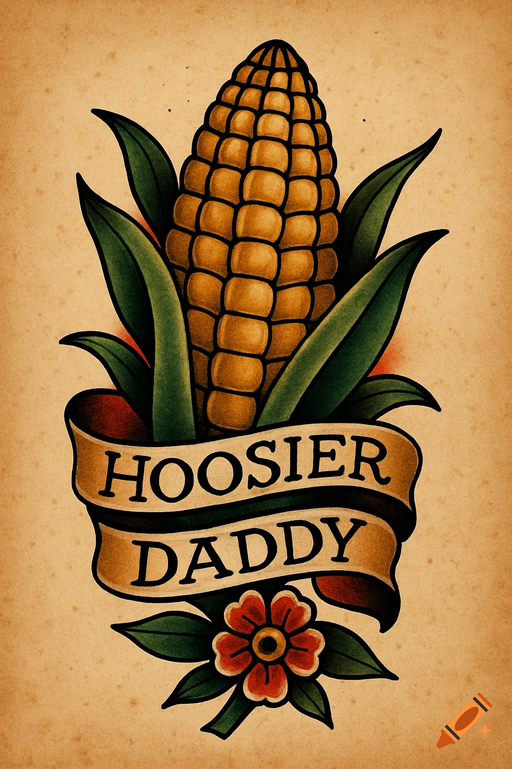 Traditional tattoo style drawing of a corncob with a banner reading HOOSIER DADDY and a flower below.