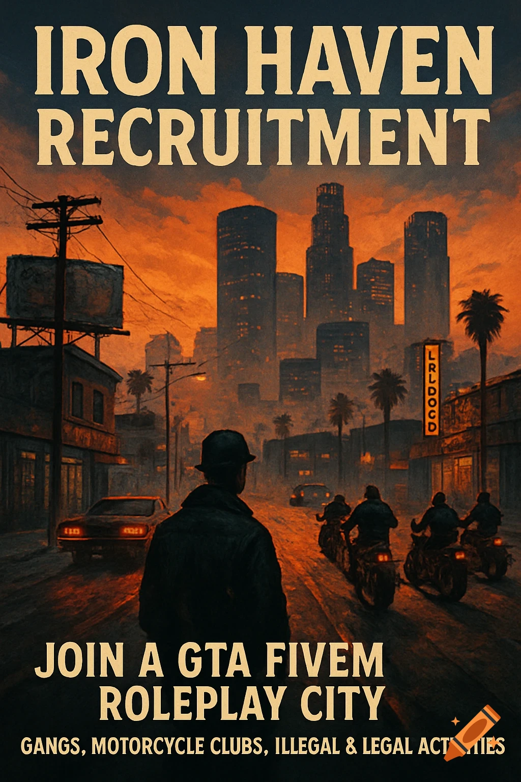 Recruitment flyer for a roleplay city with text: IRON HAVEN RECRUITMENT, JOIN A GTA FIVEM ROLEPLAY CITY. Shows a street scene at sunset with a figure looking towards a cityscape.