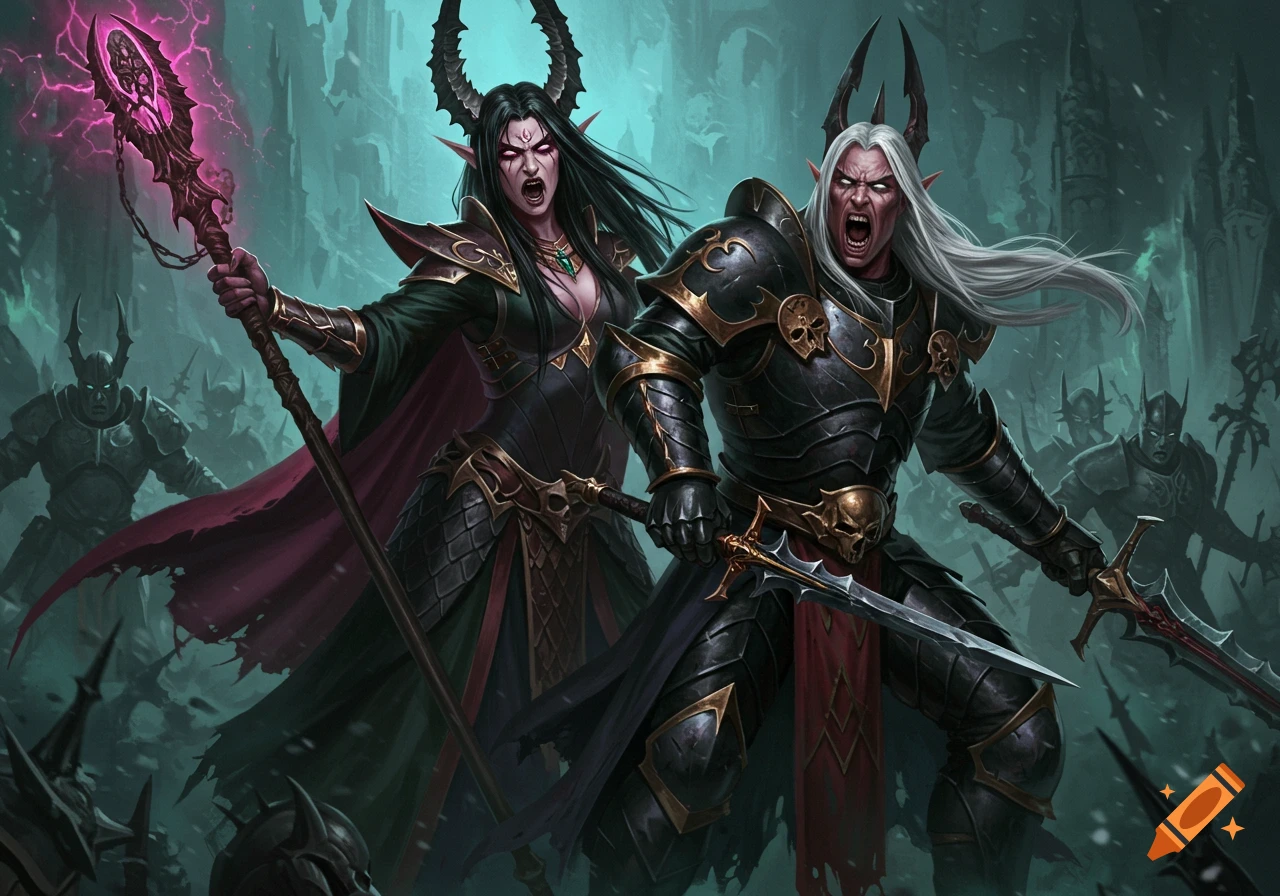 Two dark fantasy warriors in armor with horns and swords, looking aggressive, in a dark, murky setting with other figures.
