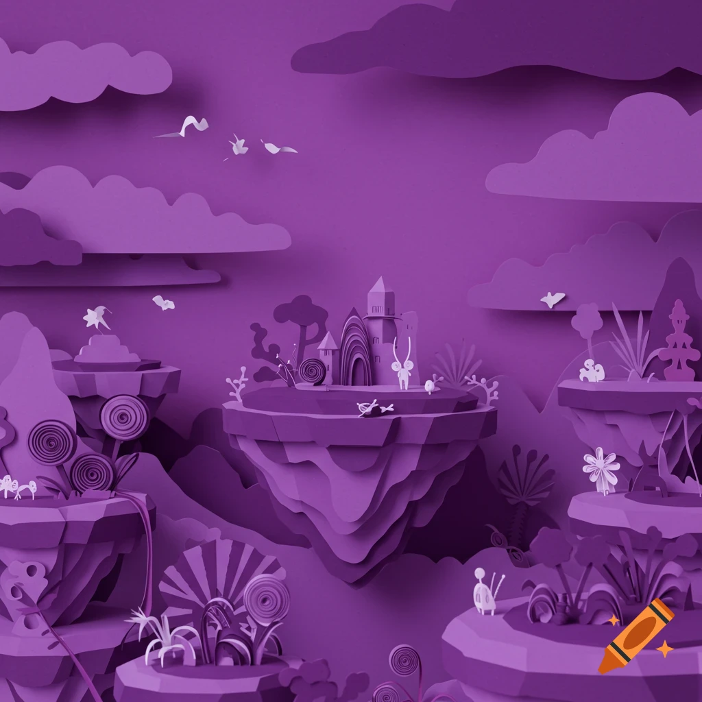 Purple 3D paper illustration of a fantasy world with floating islands and stylized figures.