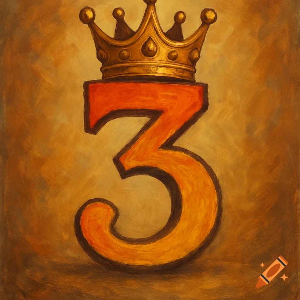 A number 3 with a golden crown in a painted style.