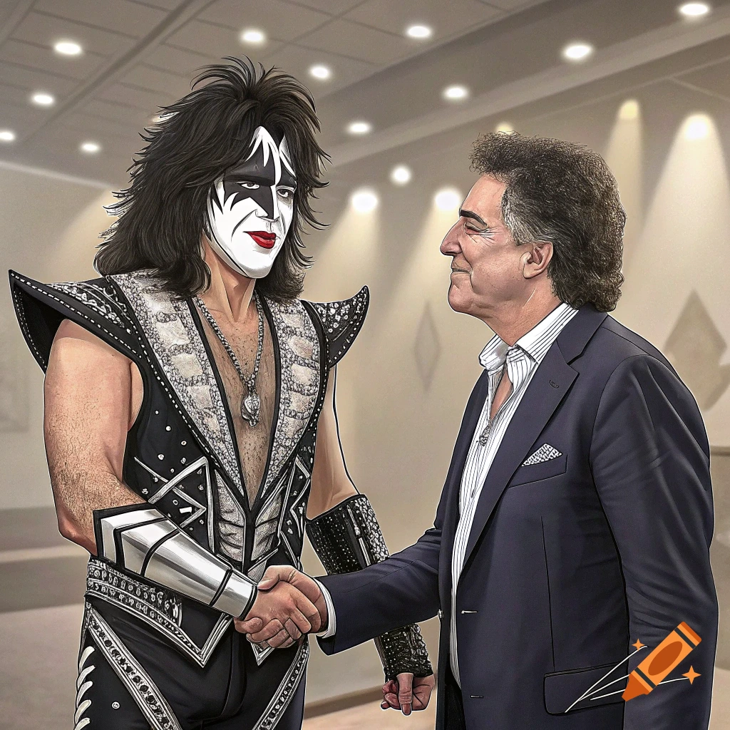 A stylized illustration of Paul Stanley from KISS shaking hands with a man in a suit on a stage.