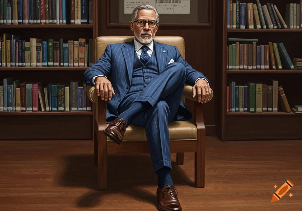 A man in a blue pinstripe suit sits cross-legged in a library chair.