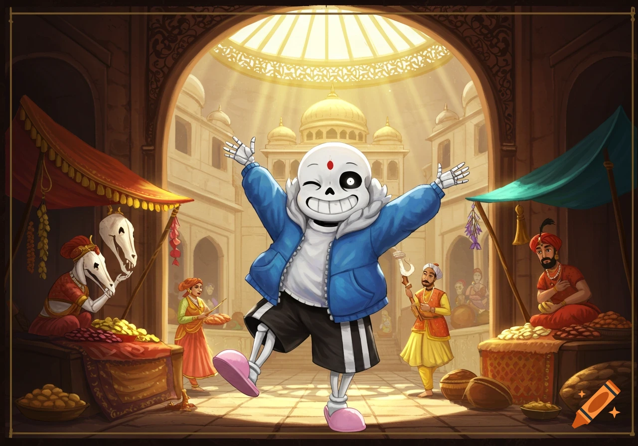 Sans from Undertale winks and spreads his arms in a vibrant Indian market.