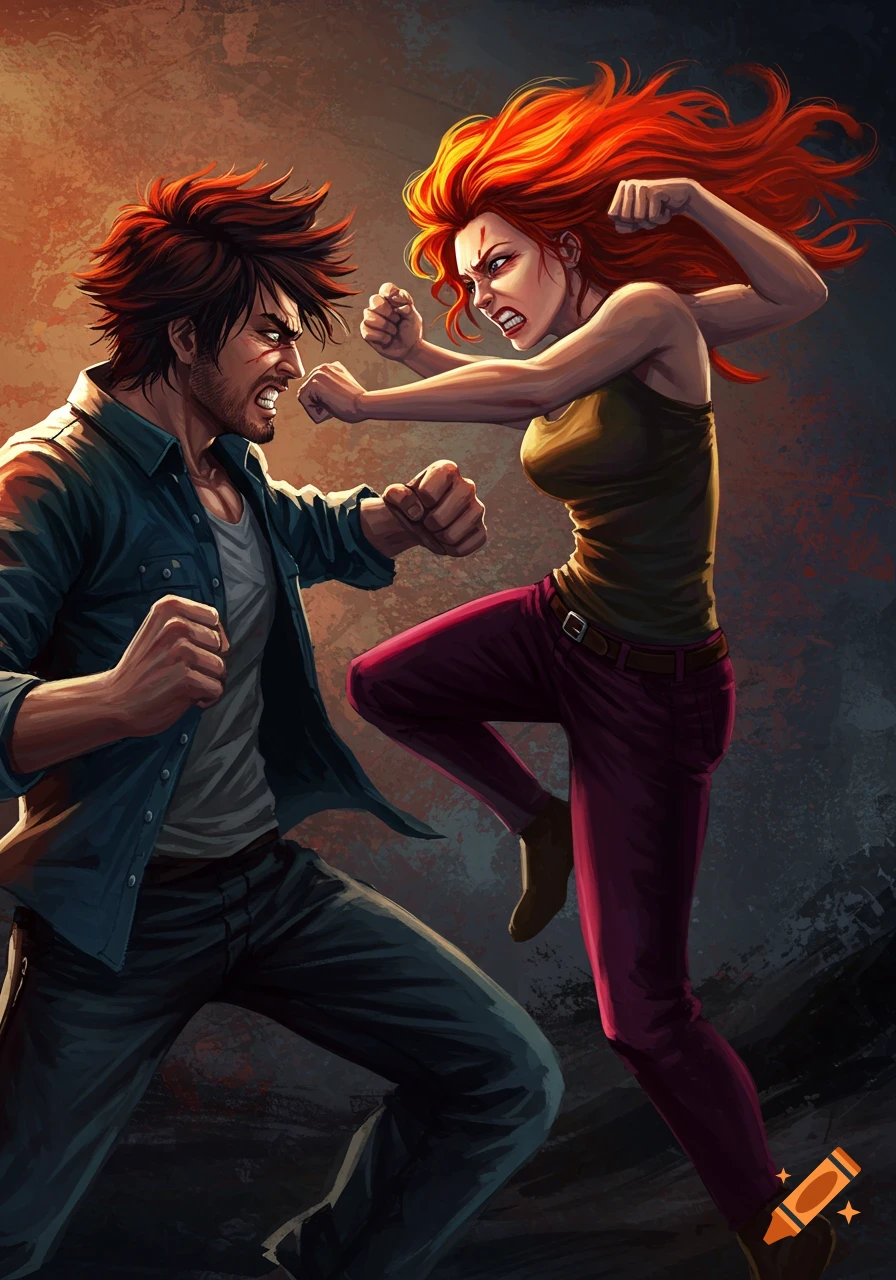 Illustration of a man and woman fighting intensely.