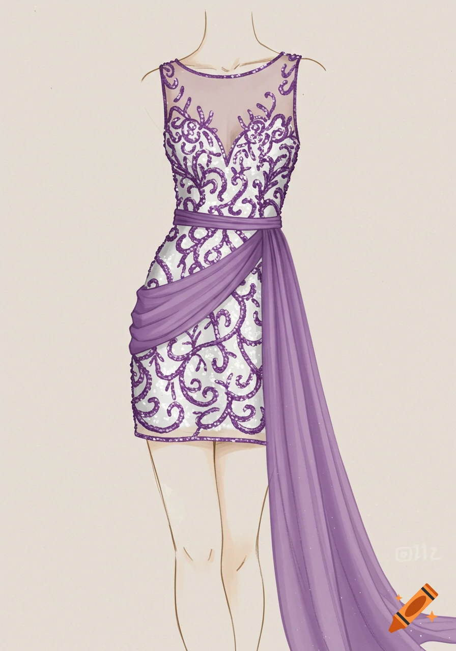 Fashion illustration of a white dress with purple sequin embroidery and a purple drape.