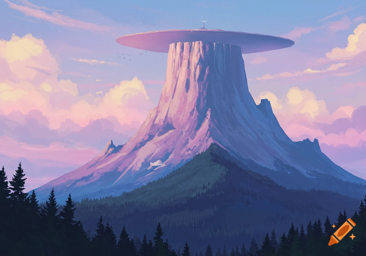 A flat-topped mountain with a large structure on top, set in a purple and blue sunset landscape with trees in the foreground. Stylized art.