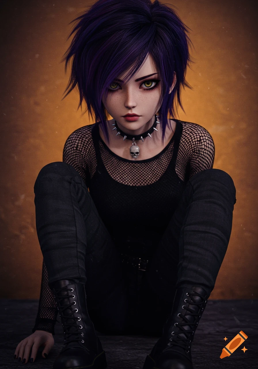 Anime emo girl with purple hair and green eyes sitting, wearing a fishnet top, spiked collar, and combat boots