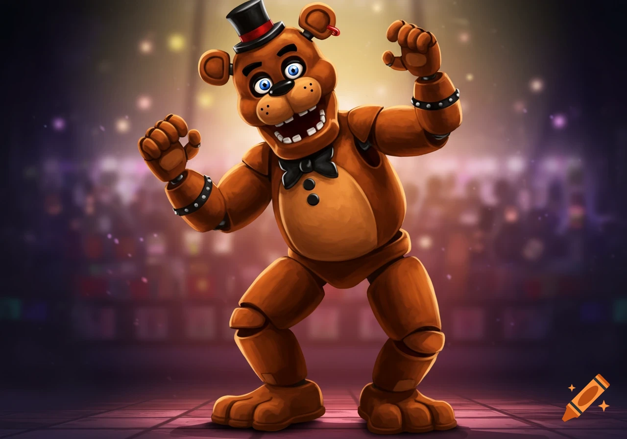 Freddy Fazbear dancing on a stage