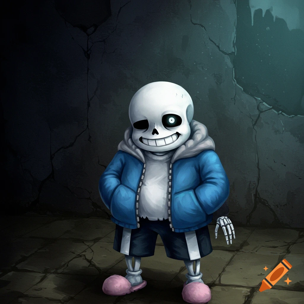 A cartoon skeleton in a blue jacket and pink slippers stands in a dark crypt, smiling with one eye glowing blue.