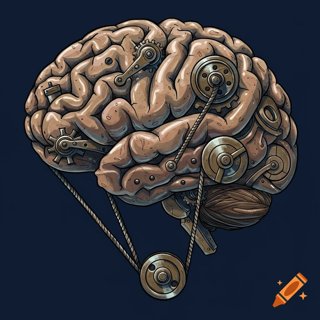 A human brain depicted as a complex mechanism of gears, pulleys, and belts in a stylized illustration.