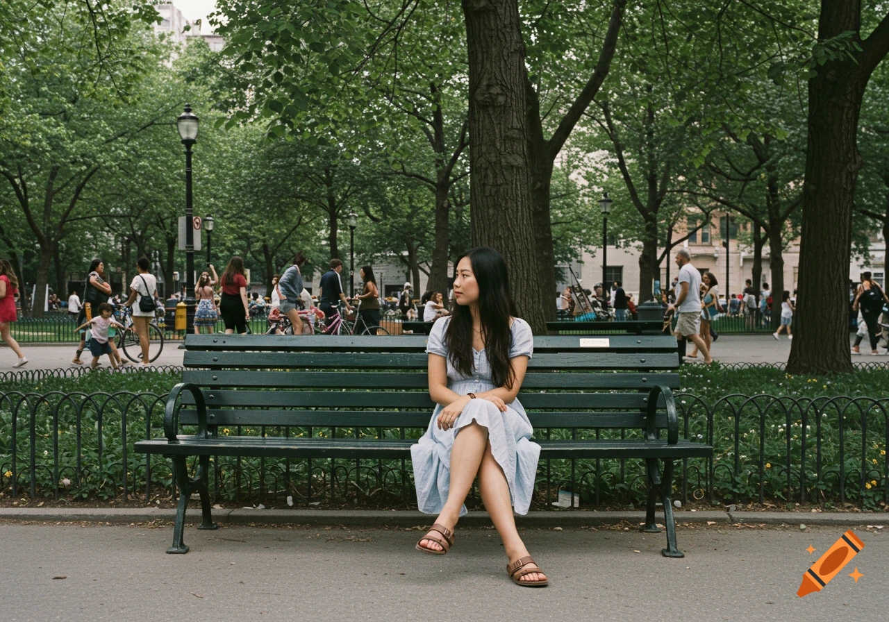 A woman sits on a green park bench in a busy city park.