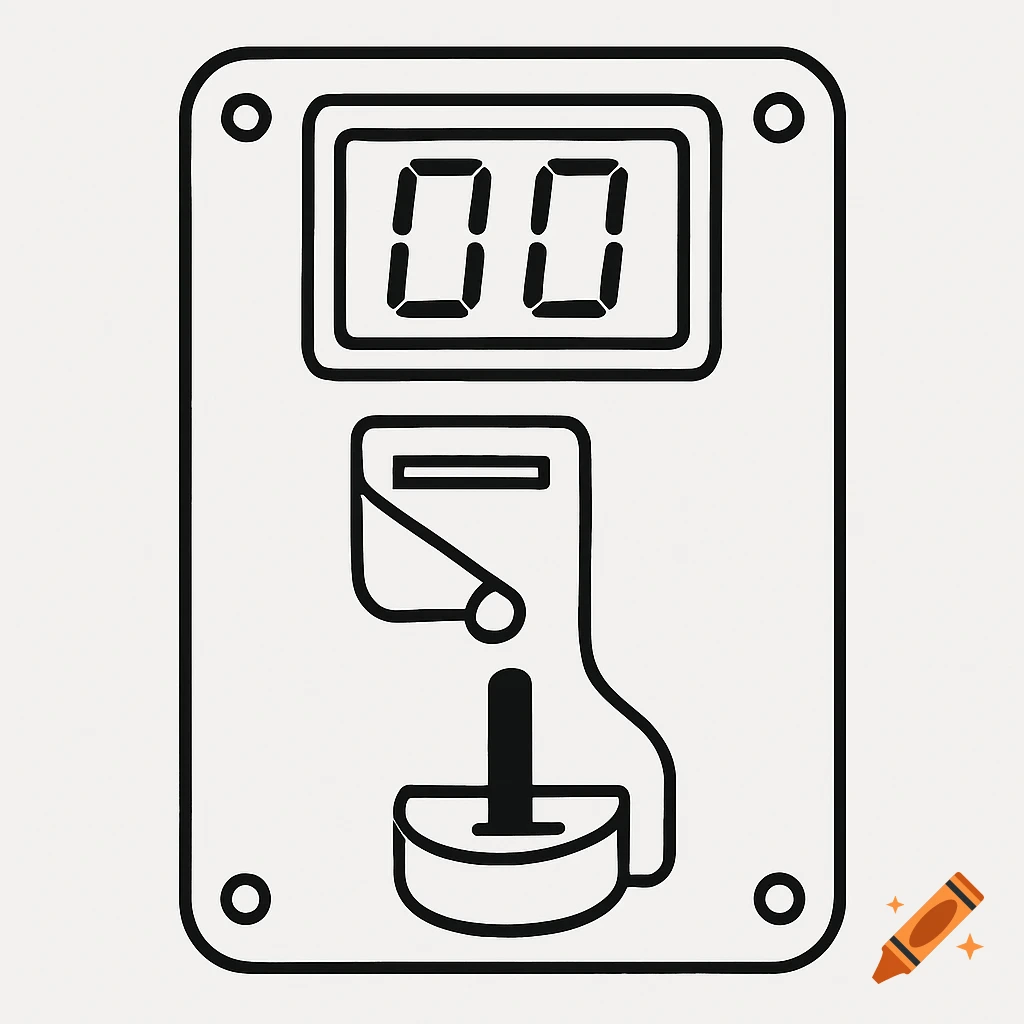 Line drawing of a token acceptor with a digital display showing 00 and a slot.