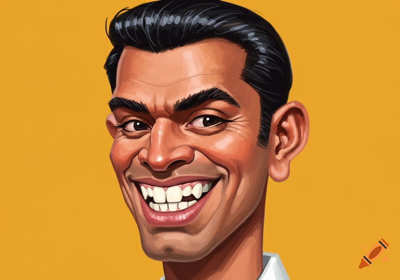 Close-up caricature portrait of a man with a monobrow and buck teeth