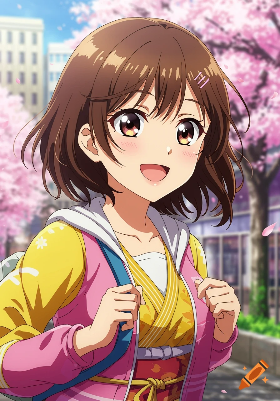 An anime girl with brown hair smiles outdoors among cherry blossoms.