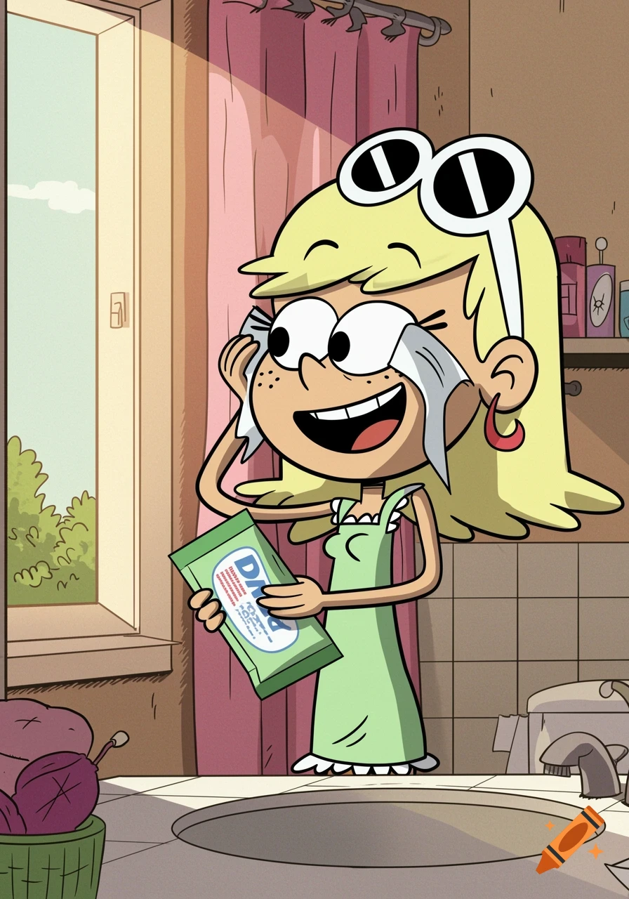 Cartoon of Leni Loud in a bathroom, holding disinfectant wipes and removing makeup.
