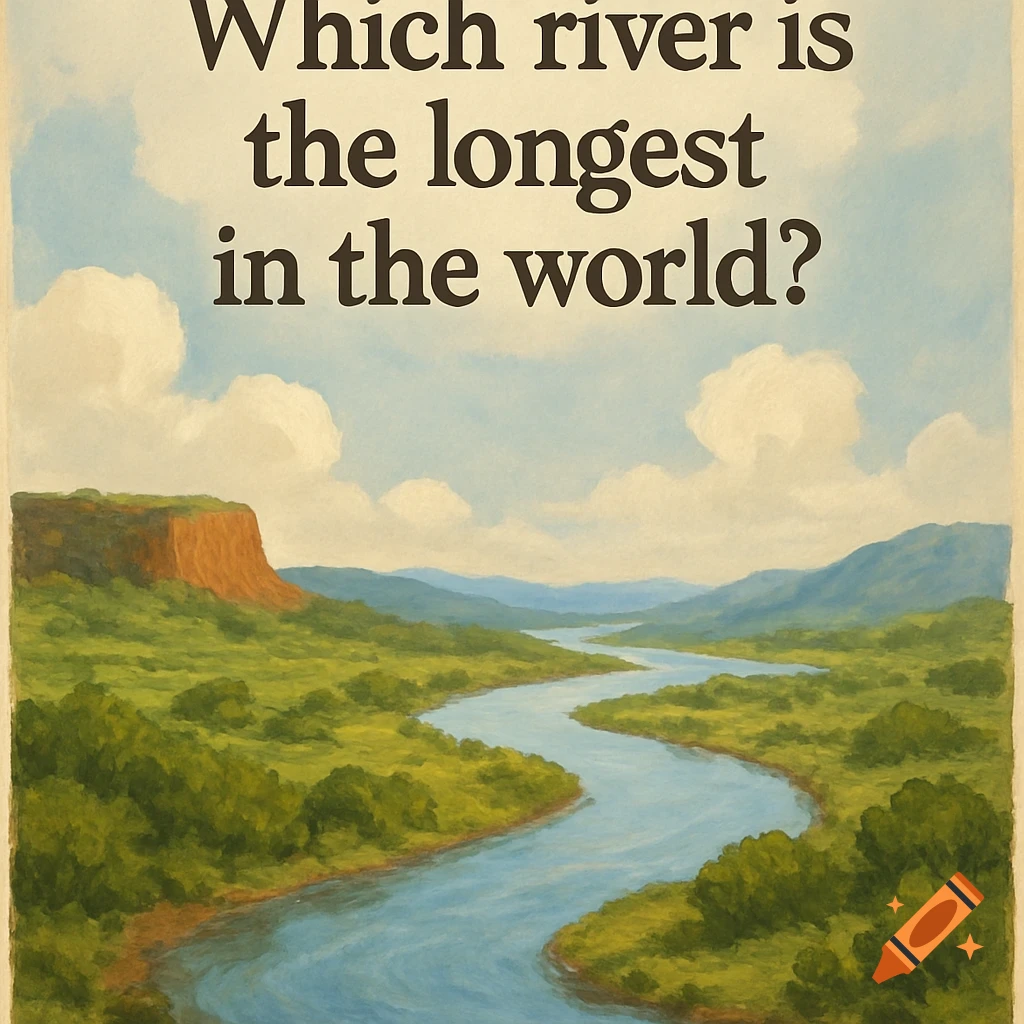 Painted landscape with a river flowing through mountains and hills, featuring the question 'Which river is the longest in the world?'.