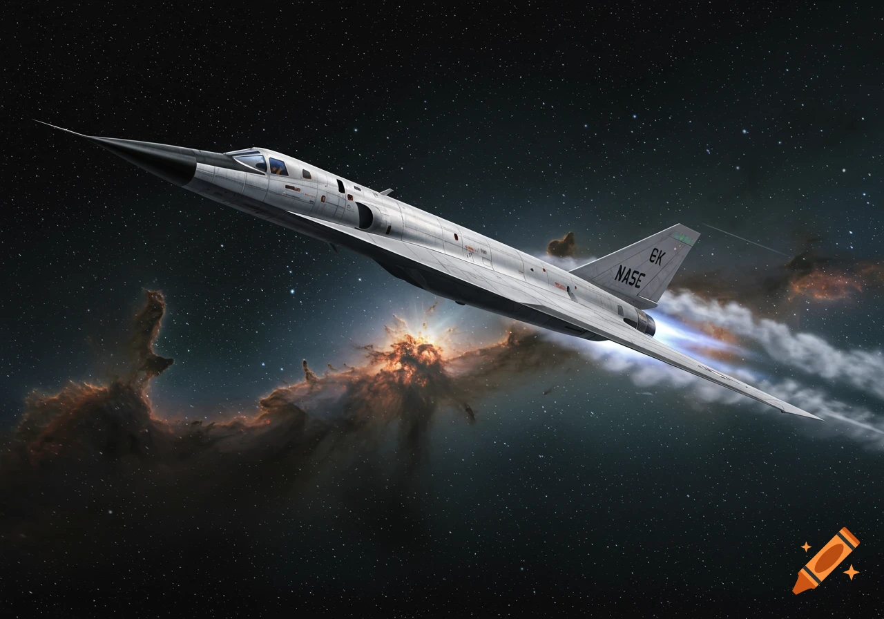 A futuristic jet flies through space past a bright nebula.