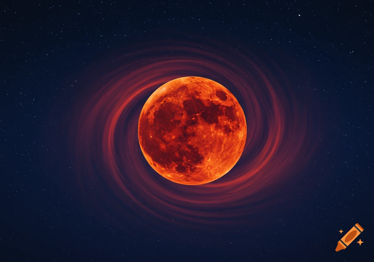 A large reddish-orange moon surrounded by swirling red vapor in a starry dark blue sky.