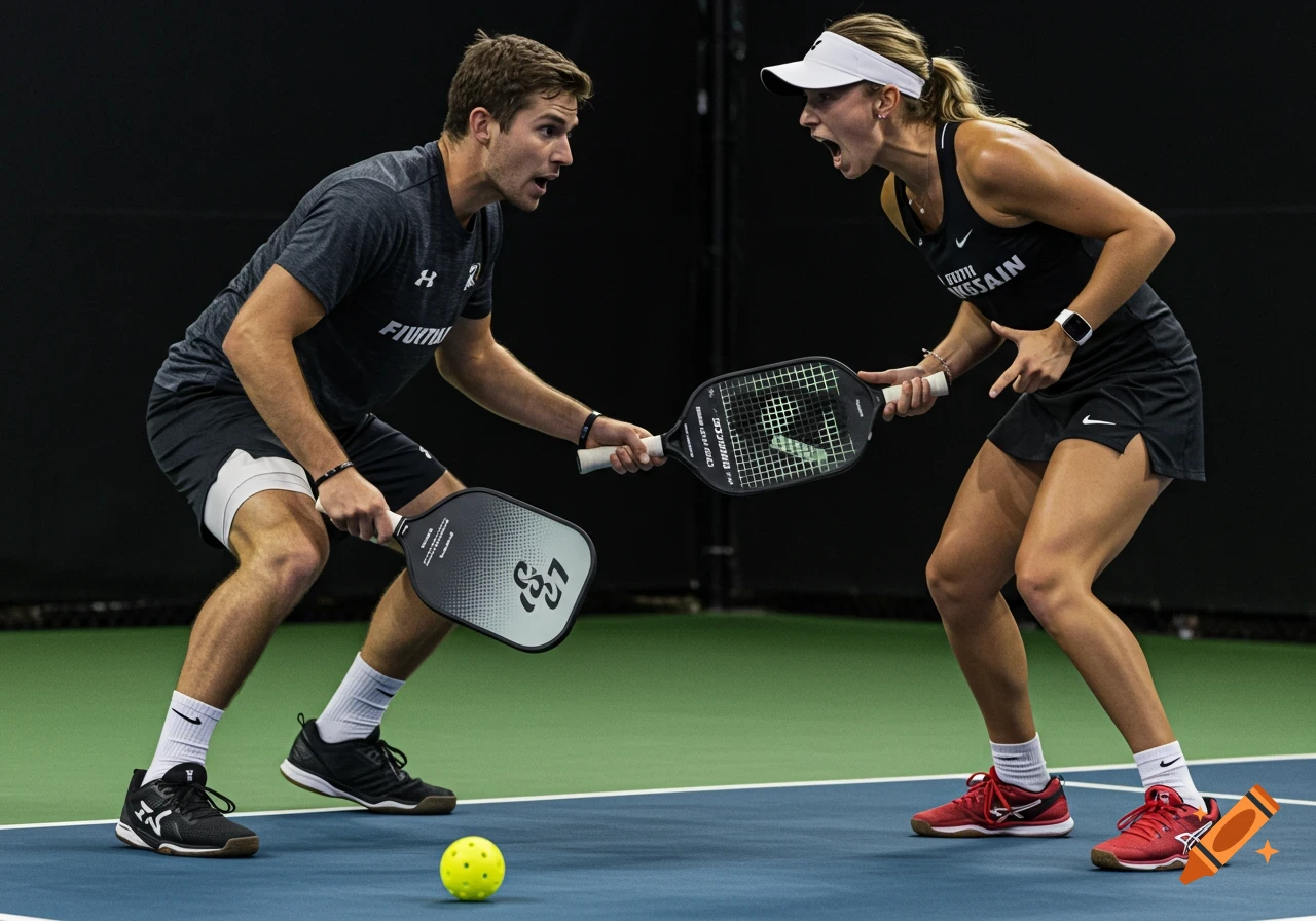 Two people playing pickleball on an indoor court, one yelling.