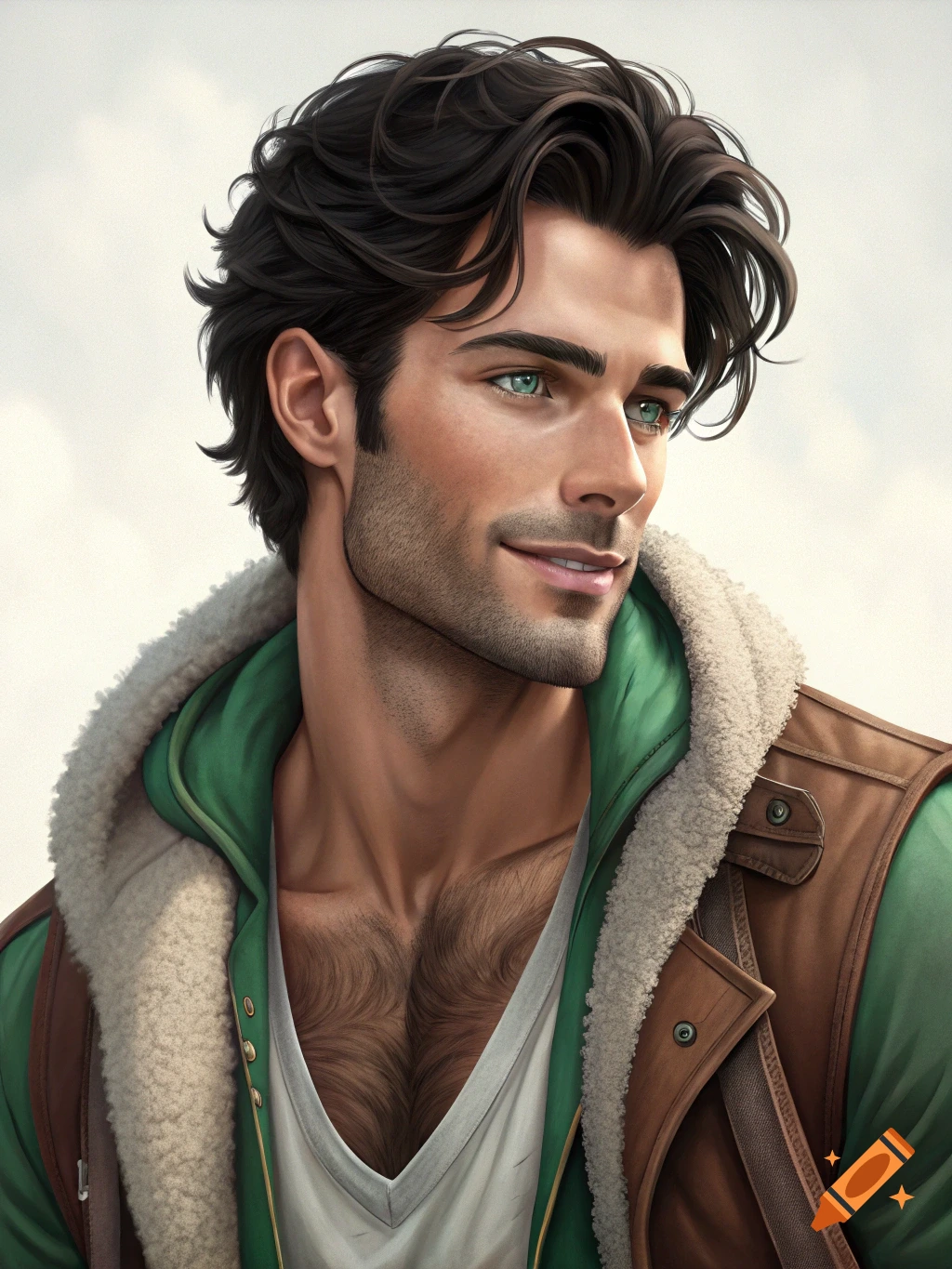 Close-up portrait of a handsome man with dark curly hair and green eyes, smiling, wearing a layered jacket with a fur collar.