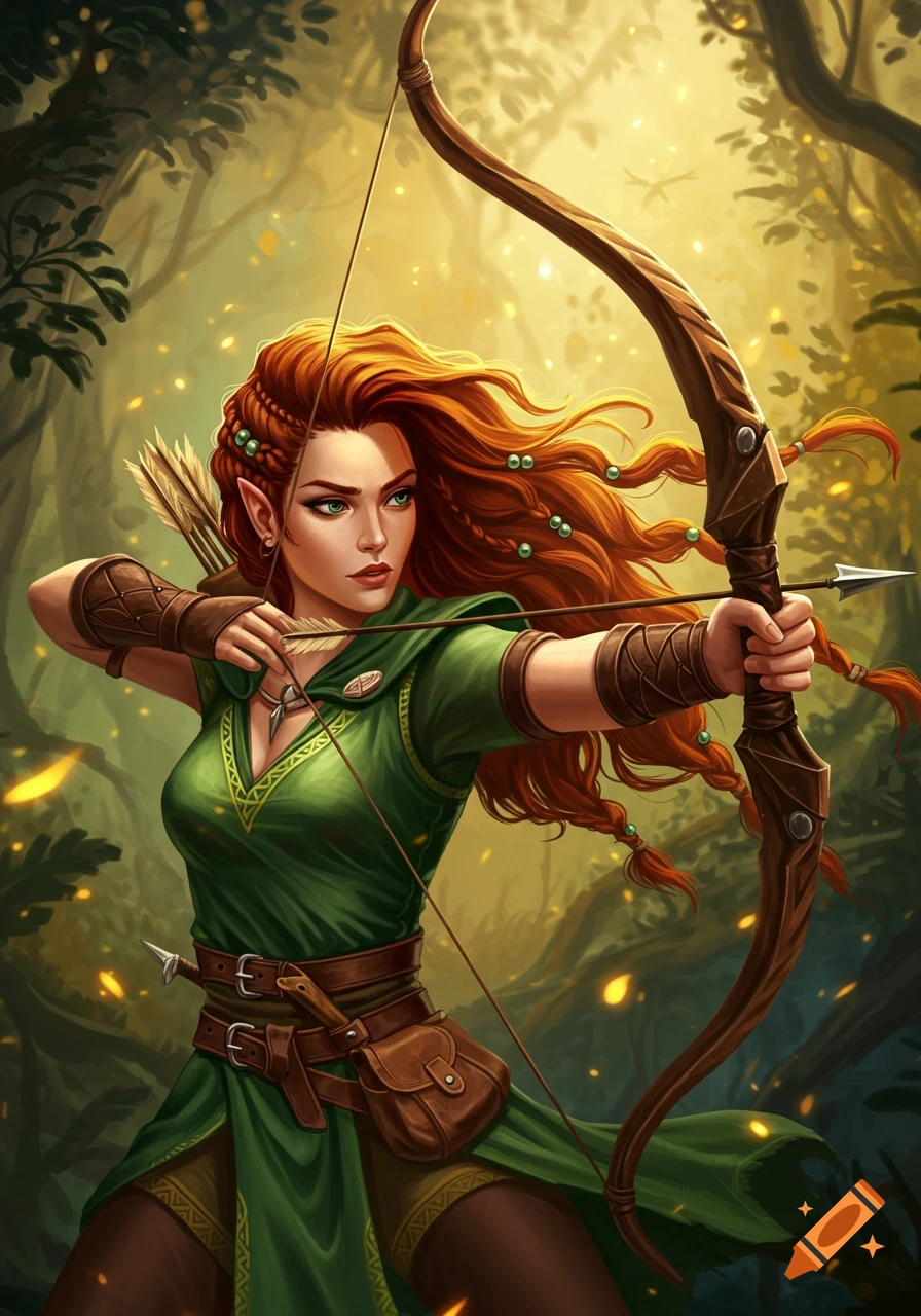 A female fantasy archer drawing a bow in a sun-dappled forest.