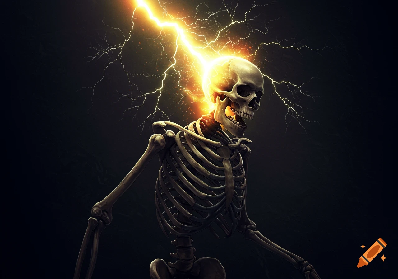 A skeleton is struck by a large bolt of lightning from above.
