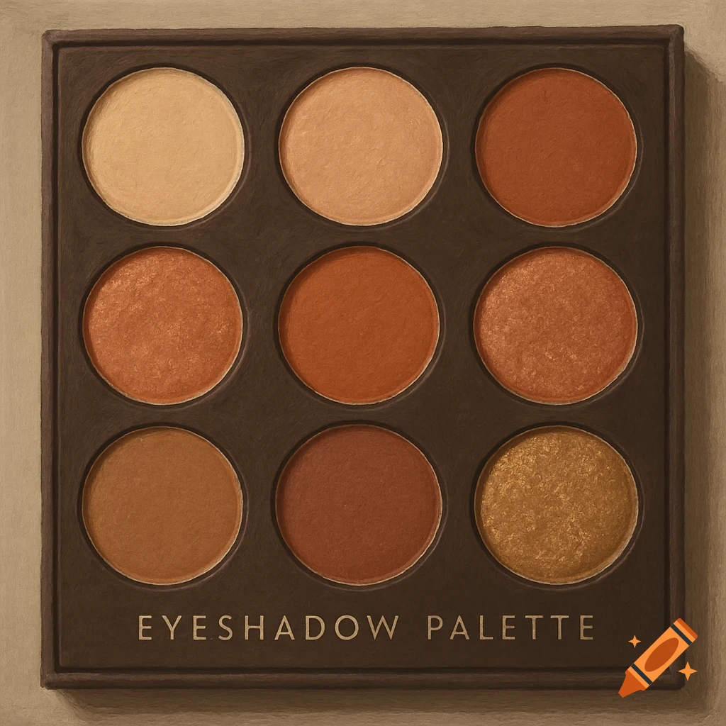 Close-up of an eyeshadow palette with nine round shades in brown and gold tones.