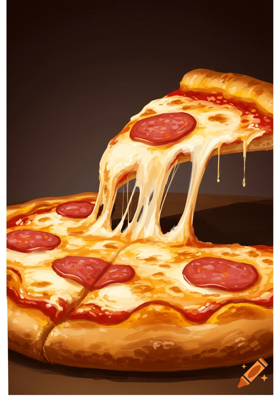 Slice of pepperoni pizza lifted from the pie, with melted cheese stretching, illustration style.