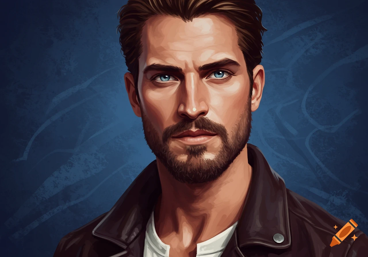 A digital painting close-up portrait of a handsome man with blue eyes and a beard, wearing a brown leather jacket.