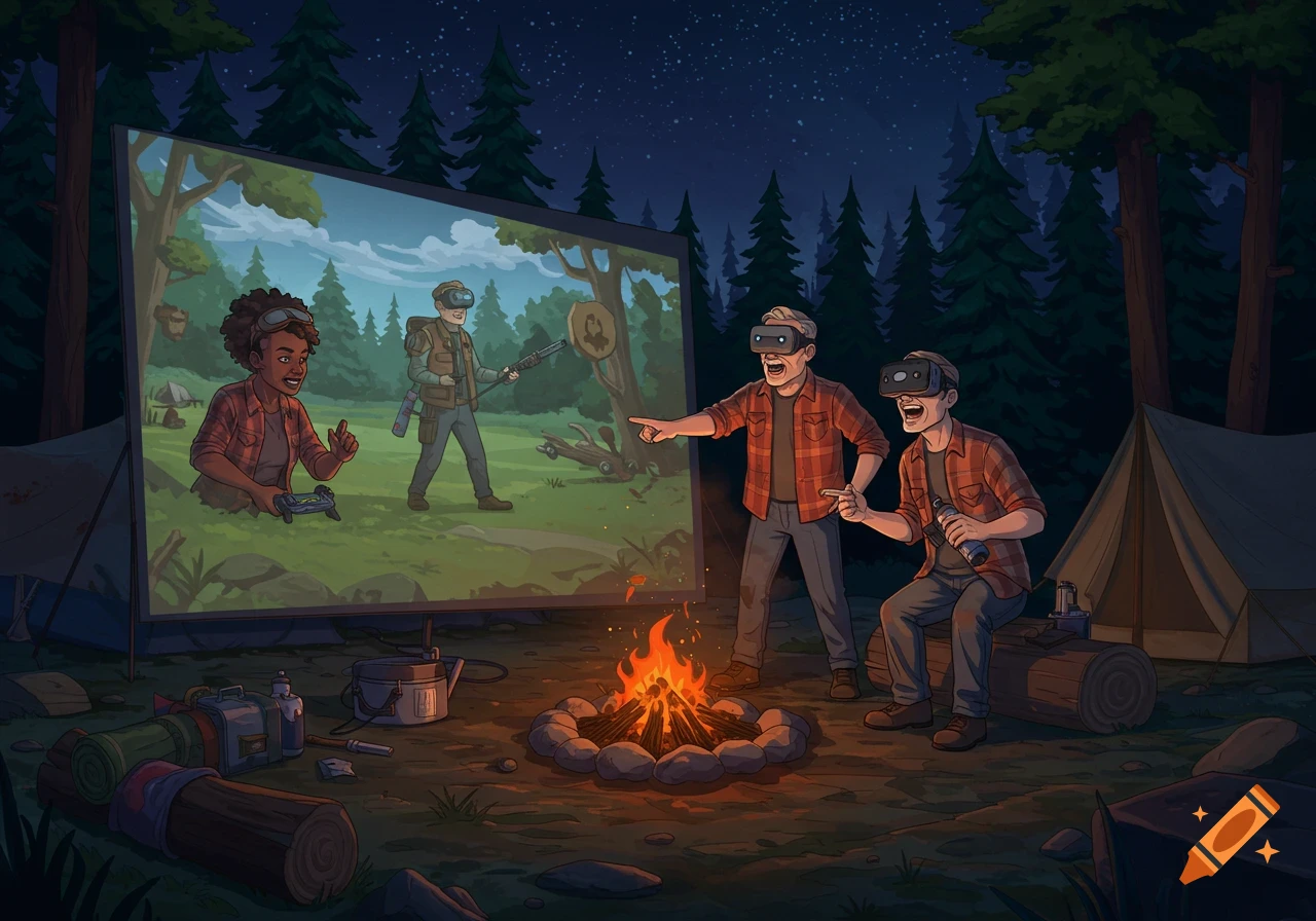 Cartoon illustration of people playing VR games projected onto a screen outdoors at night while camping.