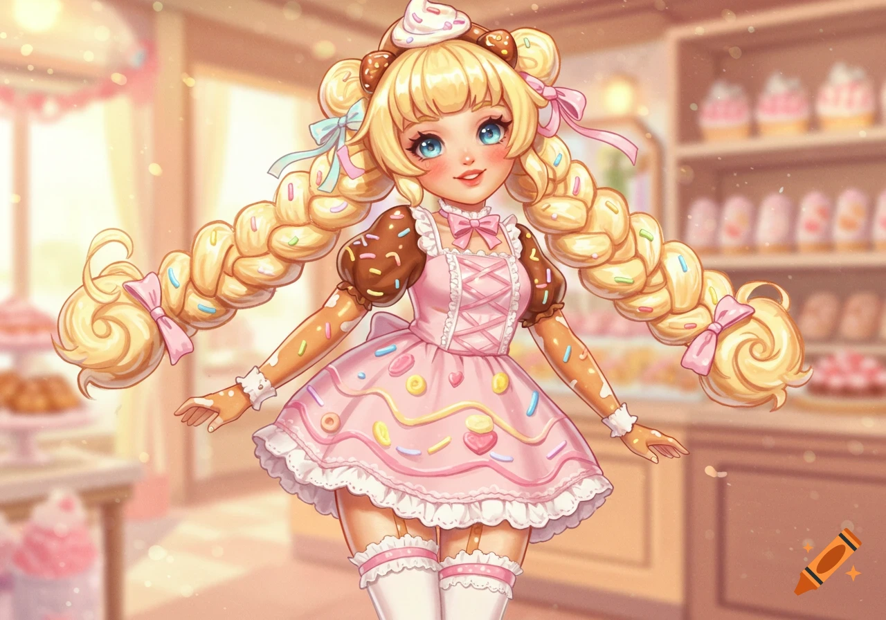 An anime-style girl dressed in a pink cake-themed dress and candy sprinkles stands in a bakery.