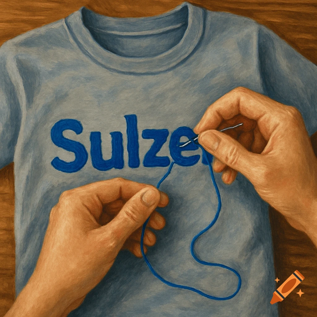 Hands sewing the word Sulzer onto a light blue t-shirt.
