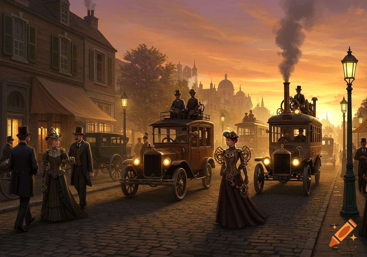 Steampunk people and vehicles on a cobblestone street at dusk