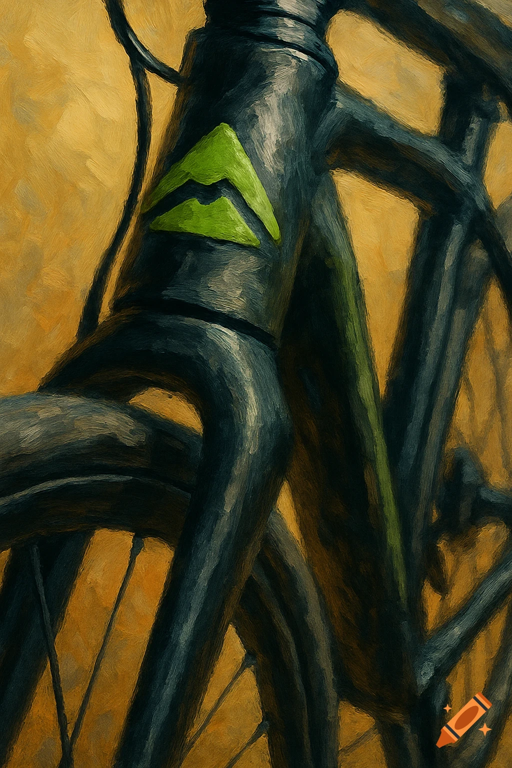 Close-up painting of a black bicycle frame with a green logo.