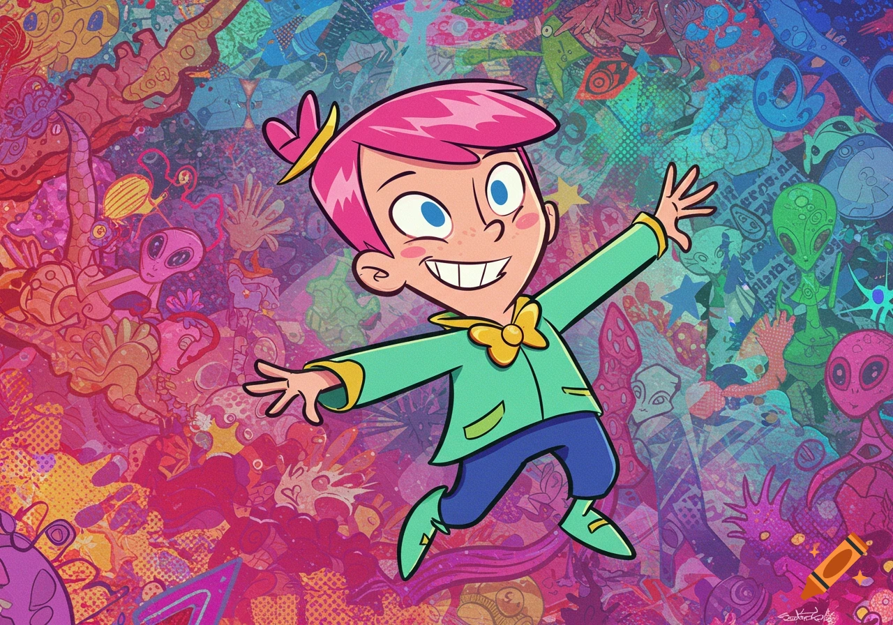 Cartoon boy with pink hair smiling and leaping in a vibrant, psychedelic background filled with abstract shapes and aliens.