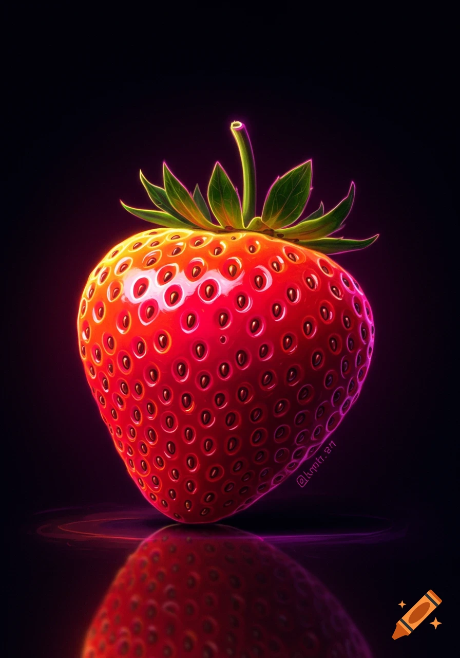 A brightly colored strawberry with a neon effect, reflected on a dark surface.
