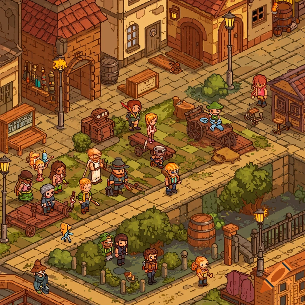 Pixel art isometric view of a bustling fantasy town square with people and market stalls.