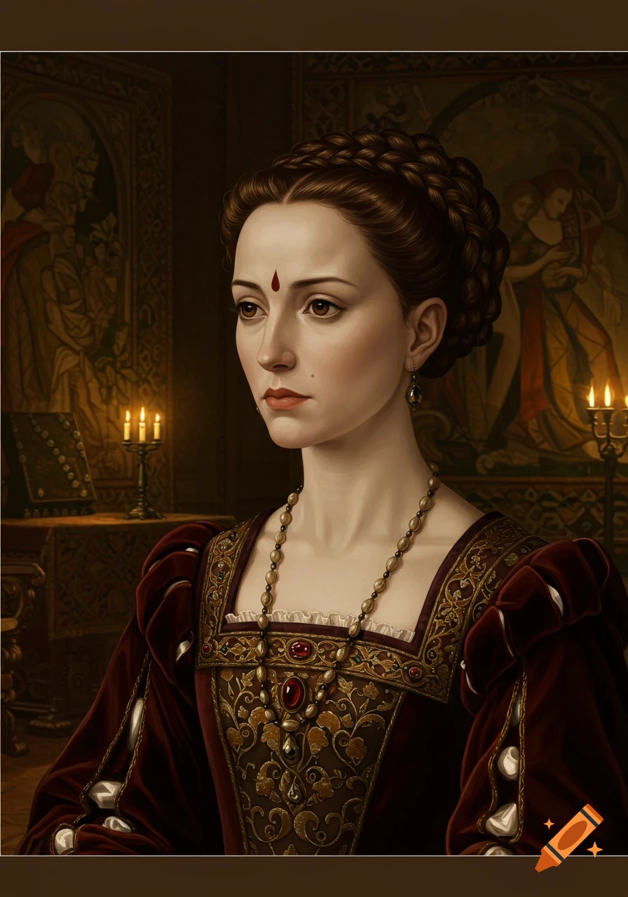 A painting of a woman in renaissance-style clothing.