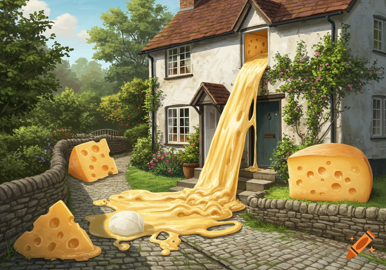 Surreal illustration of cheese flowing from a cottage door onto a cobblestone path with large cheese blocks.