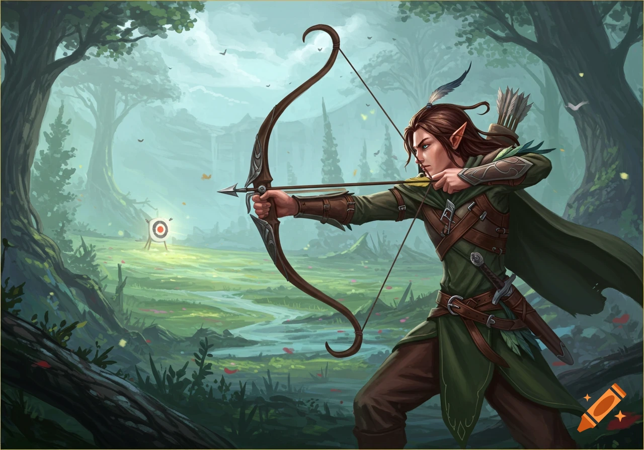A fantasy elf archer draws a bow, aiming at a target in a forest clearing.