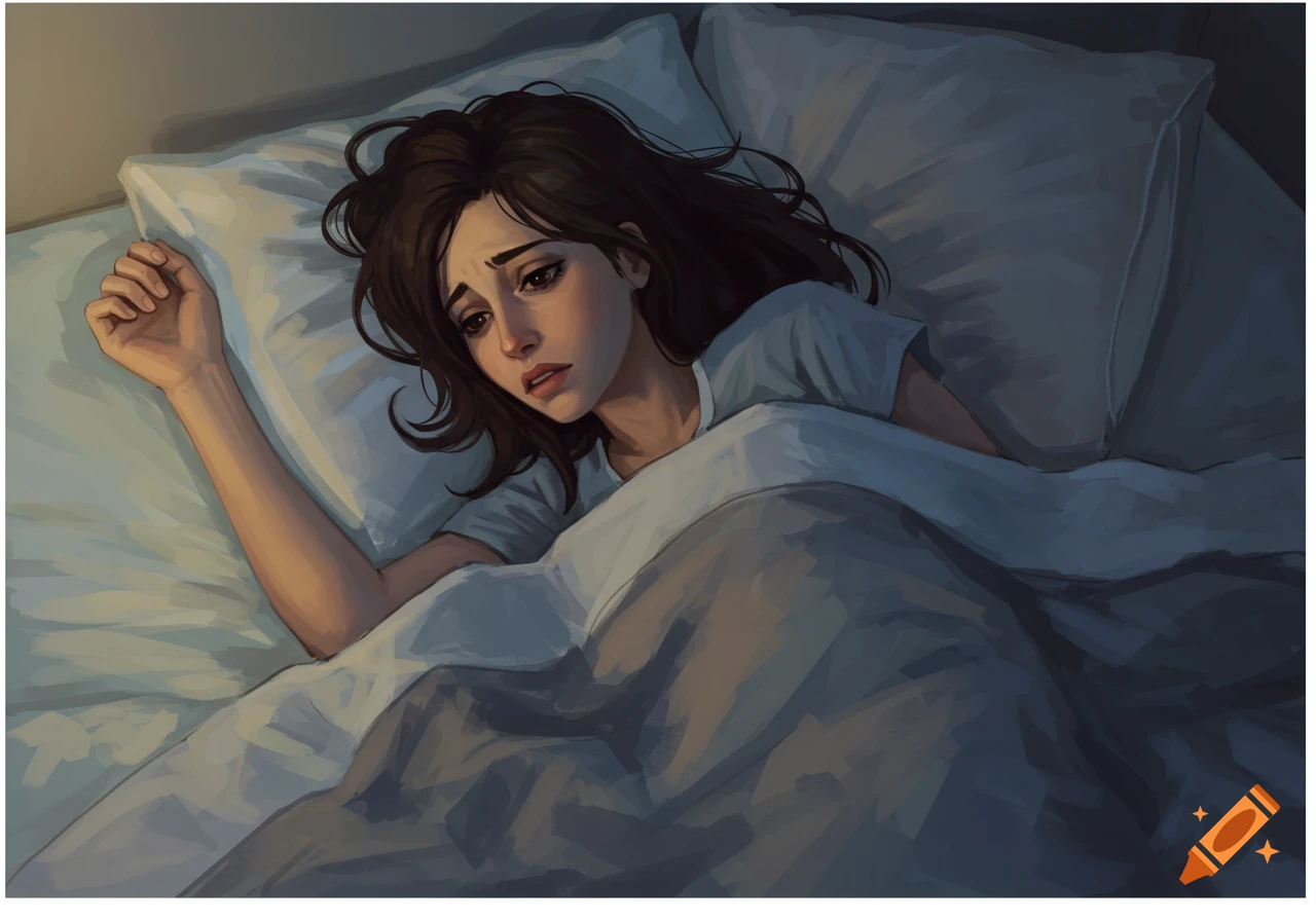 Illustration of a woman lying in bed looking sad and distressed.