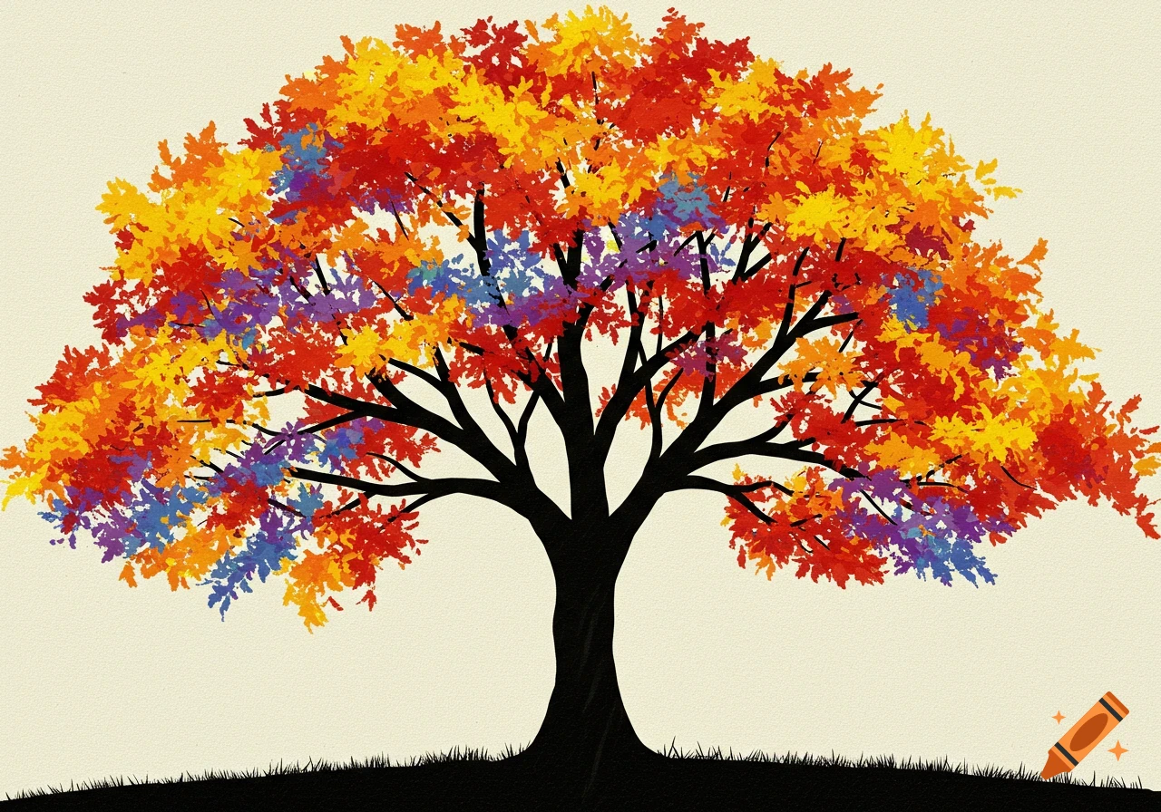 Stylized tree with black trunk and branches filled with red, orange, yellow, blue, and purple leaves against a light background.