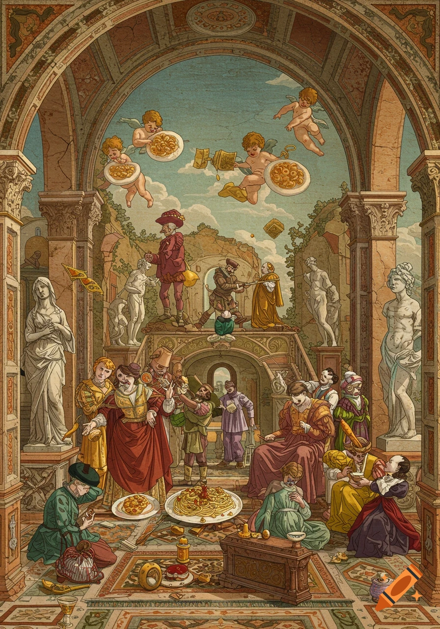A busy, surreal illustration in a historical setting, featuring figures eating spaghetti and cherubs flying with plates of pasta.