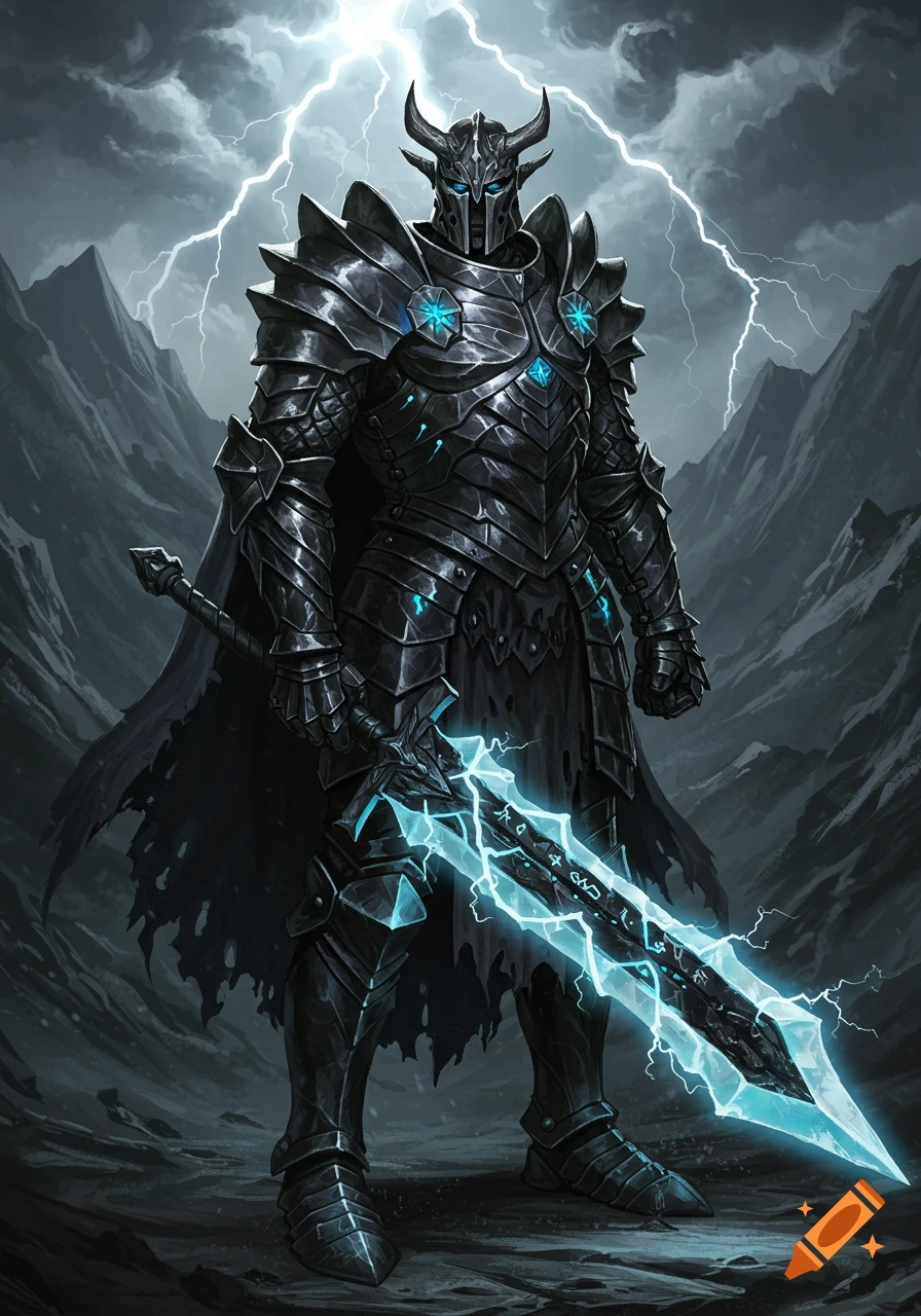 A fantasy knight in dark armor holds a lightning sword under stormy skies.