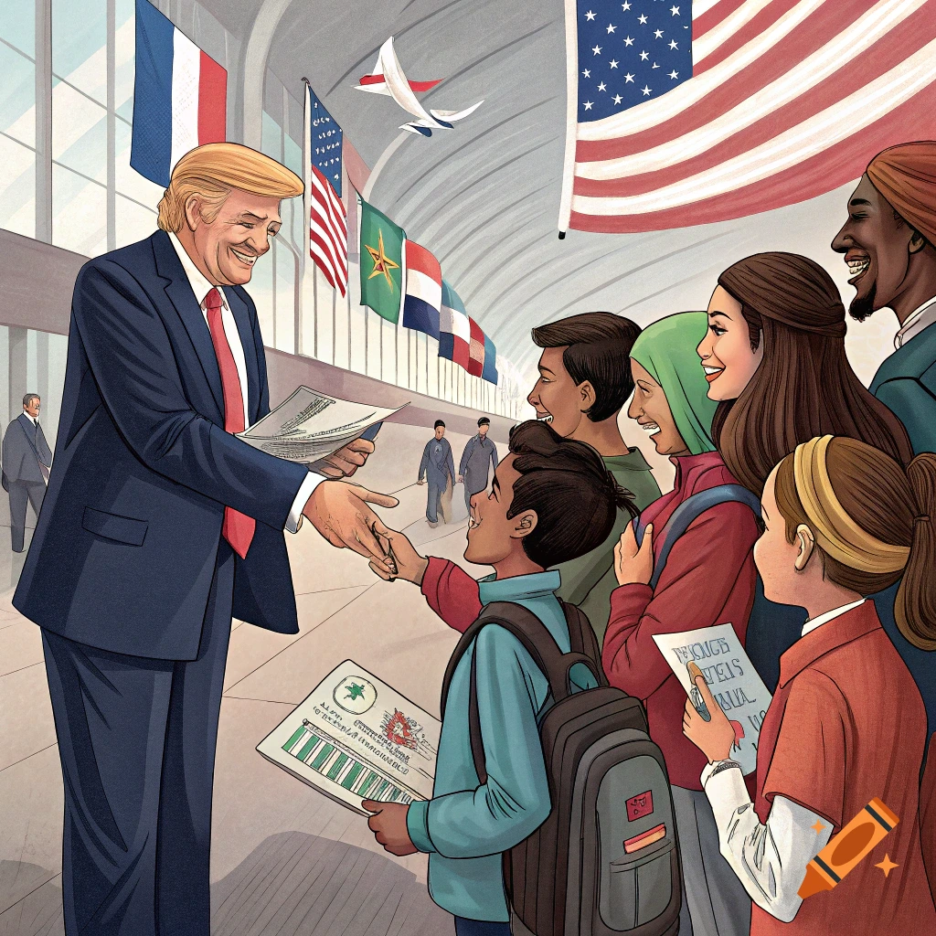 Illustration of Donald Trump shaking hands with diverse people at an airport.