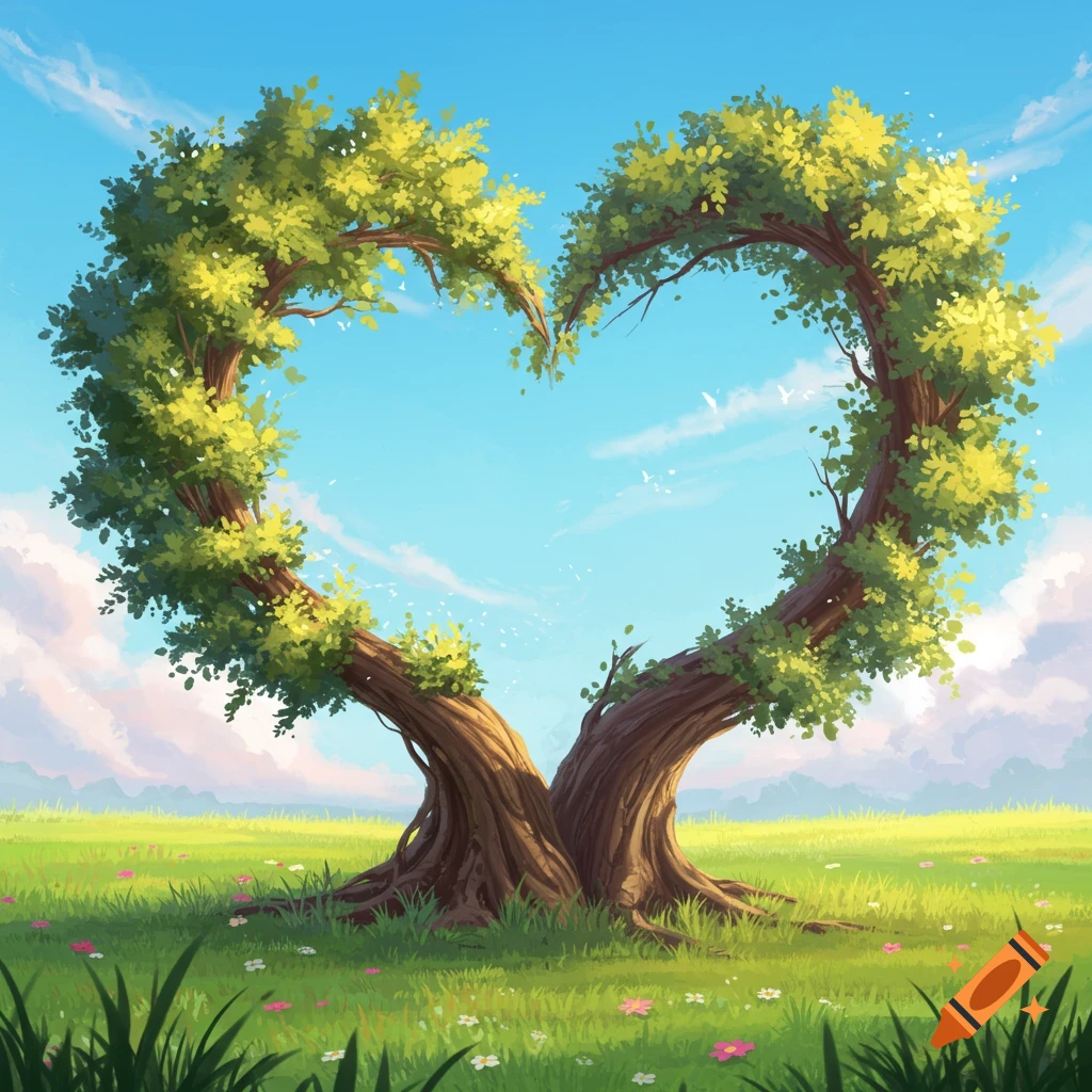 Two trees forming a heart shape stand in a sunny green field under a blue sky.