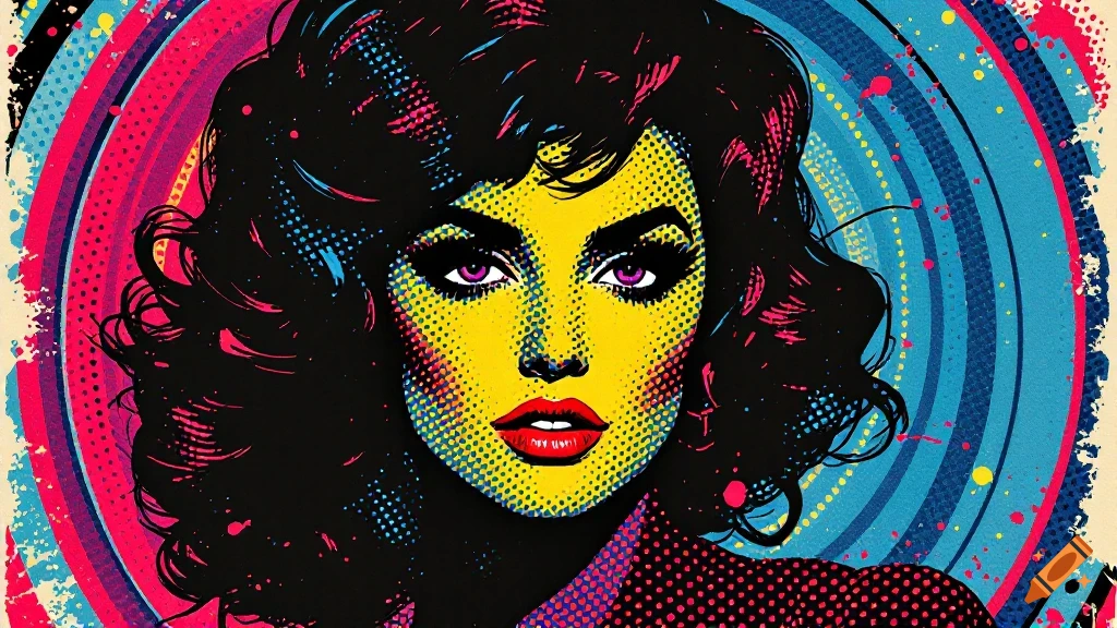 Pop art portrait of a woman with vibrant colors, Ben-Day dots, and concentric circles.